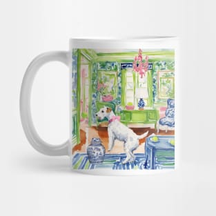 White terrier playing ball in chinoiserie interior Mug